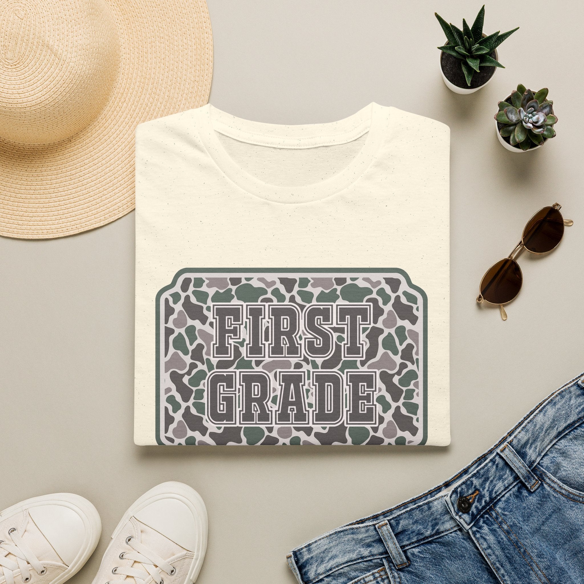 First Grade Camo T-Shirt — 'FIRST GRADE' School Teacher / Back-to-School Shirt