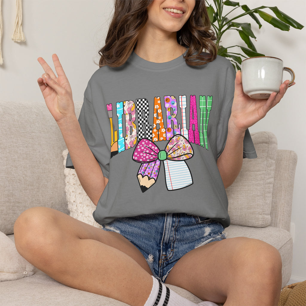 Librarian Graphic T‑Shirt — Colorful Bookish Bow Design