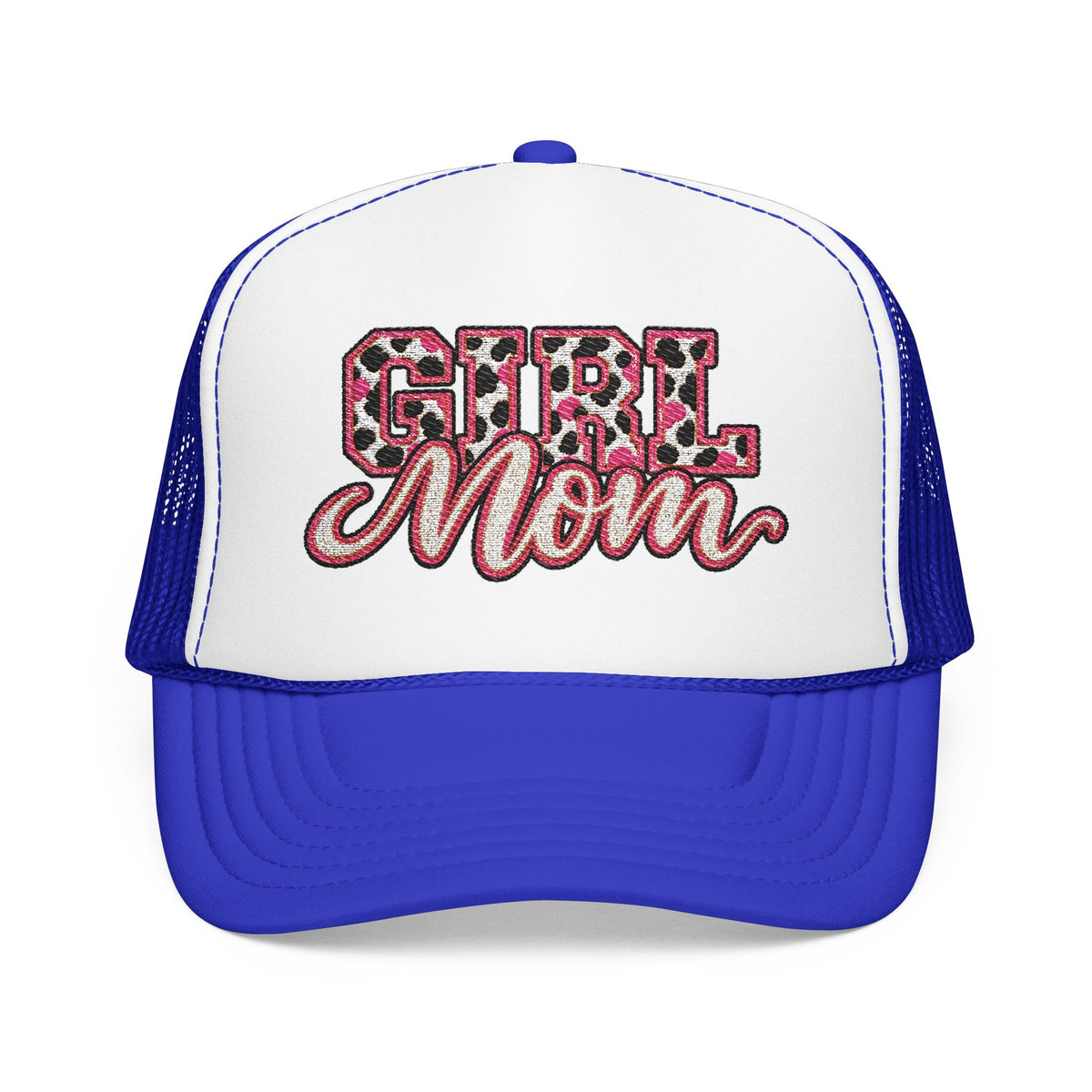Girl Mom Leopard Foam Trucker Hat — Pink Glitter Script Mesh Cap