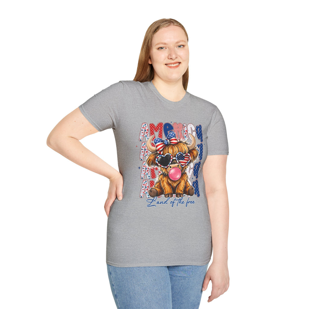 Patriotic Highland Cow T-Shirt — 'Land of the Free' 4th of July Tee