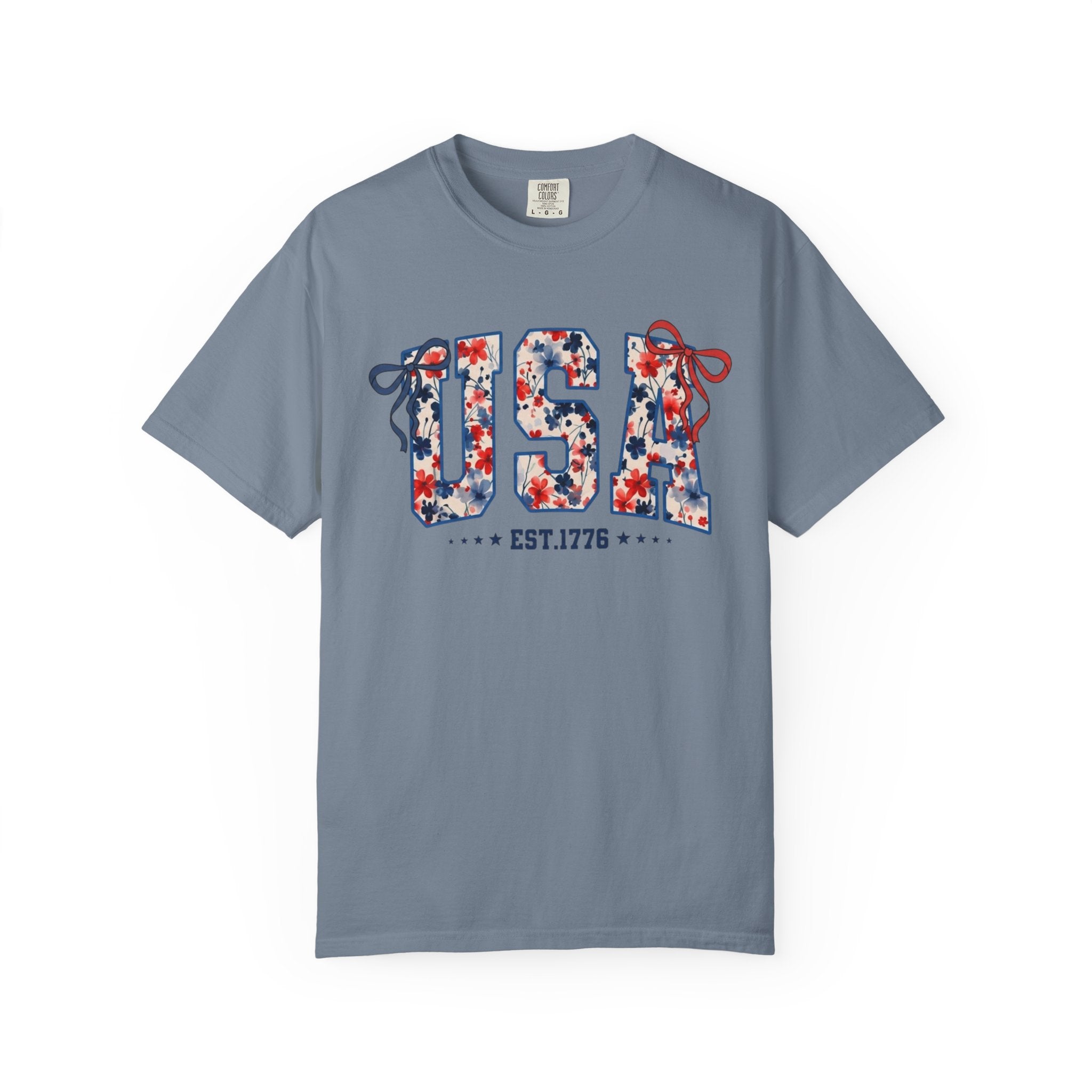 USA Floral Graphic T-Shirt — EST.1776 Patriotic Fourth of July Tee