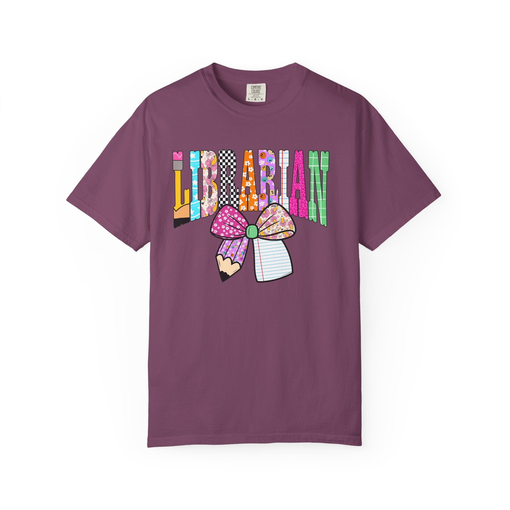 Librarian Graphic T‑Shirt — Colorful Bookish Bow Design