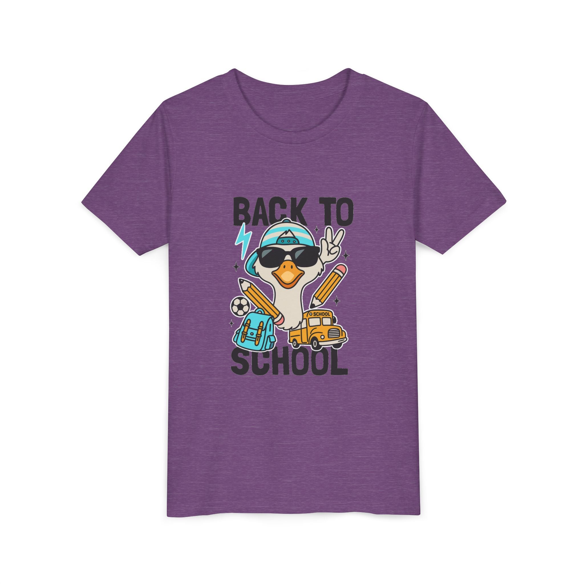 Back to School Duck Youth Tee — Cute Kids School Shirt with Backpack, Bus & Pencil Design