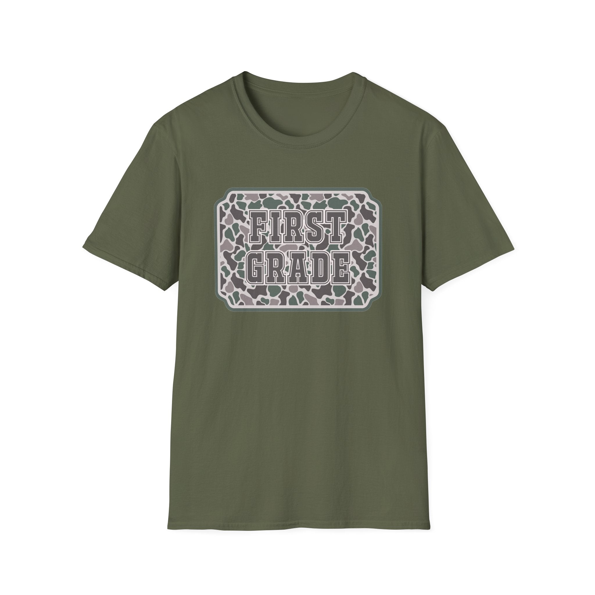 First Grade Camo T-Shirt — 'FIRST GRADE' School Teacher / Back-to-School Shirt