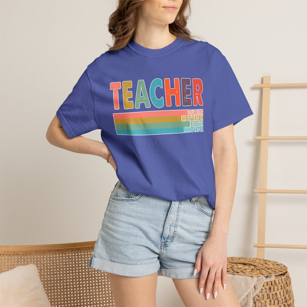 Teacher Rainbow Stripes T-Shirt — Retro Colorful Educator Tee