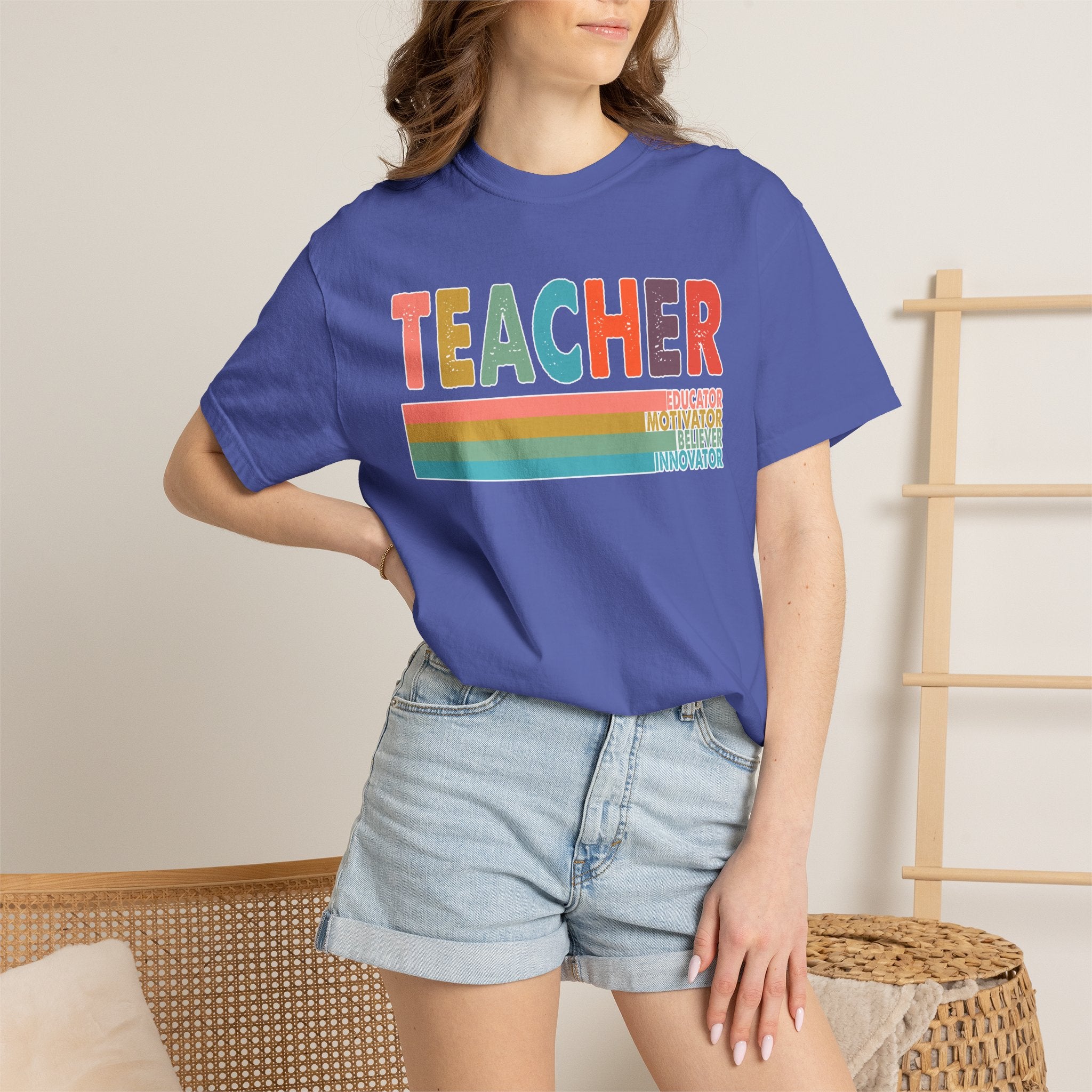 Teacher Rainbow Stripes T-Shirt — Retro Colorful Educator Tee