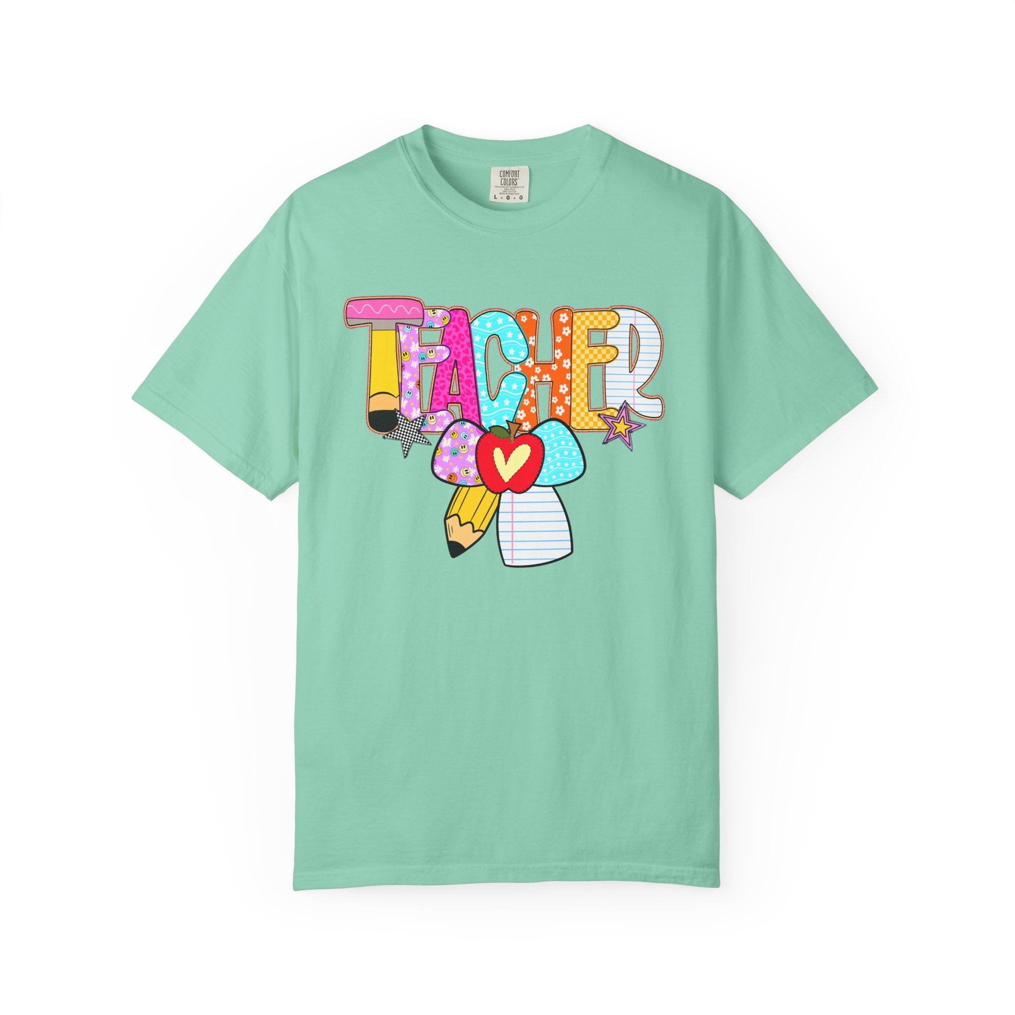 Teacher Doodle Graphic T‑Shirt — Colorful Pencil & Apple School Design