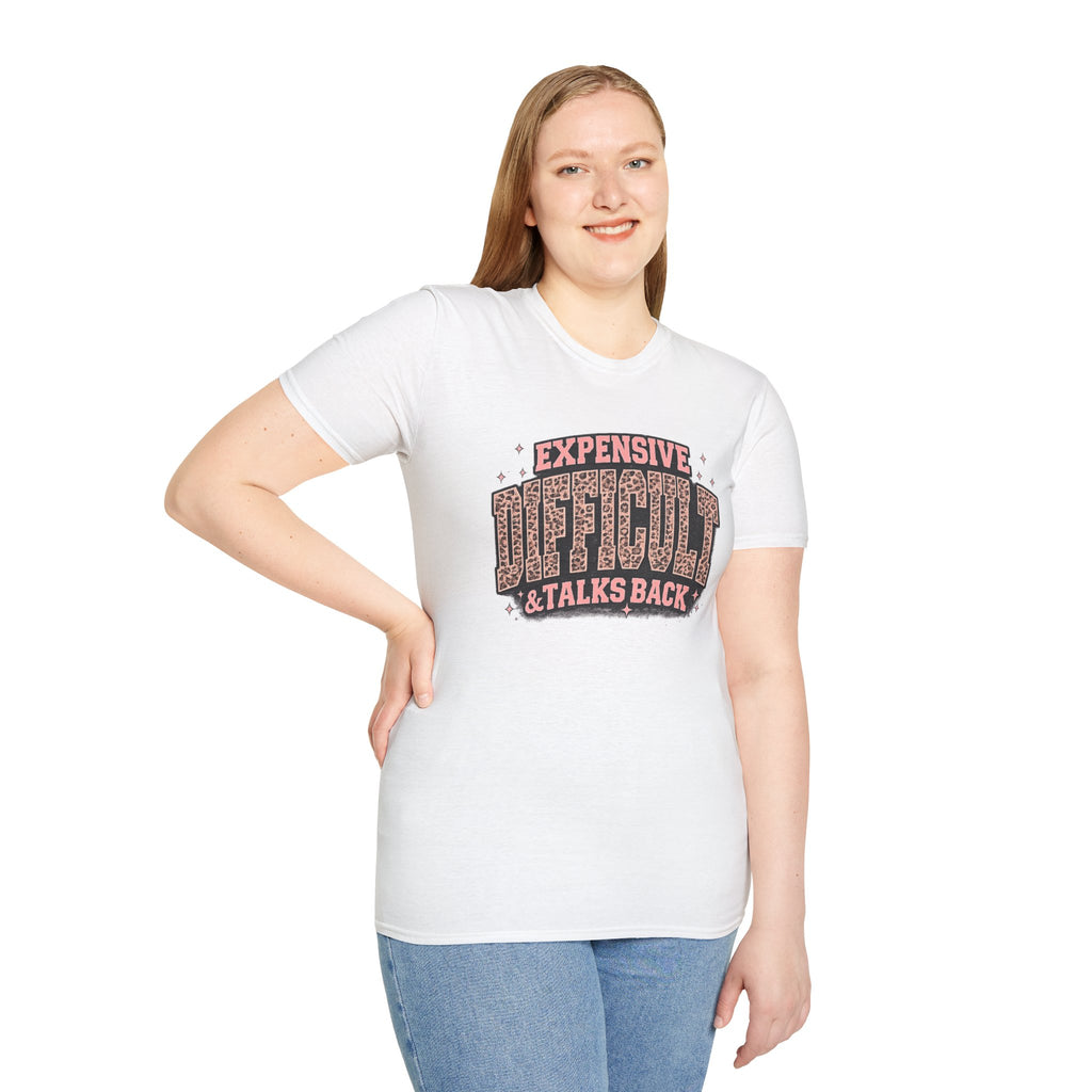 Difficult Talks Back Leopard Graphic T-Shirt — "Expensive Difficult" Feminine Attitude Tee