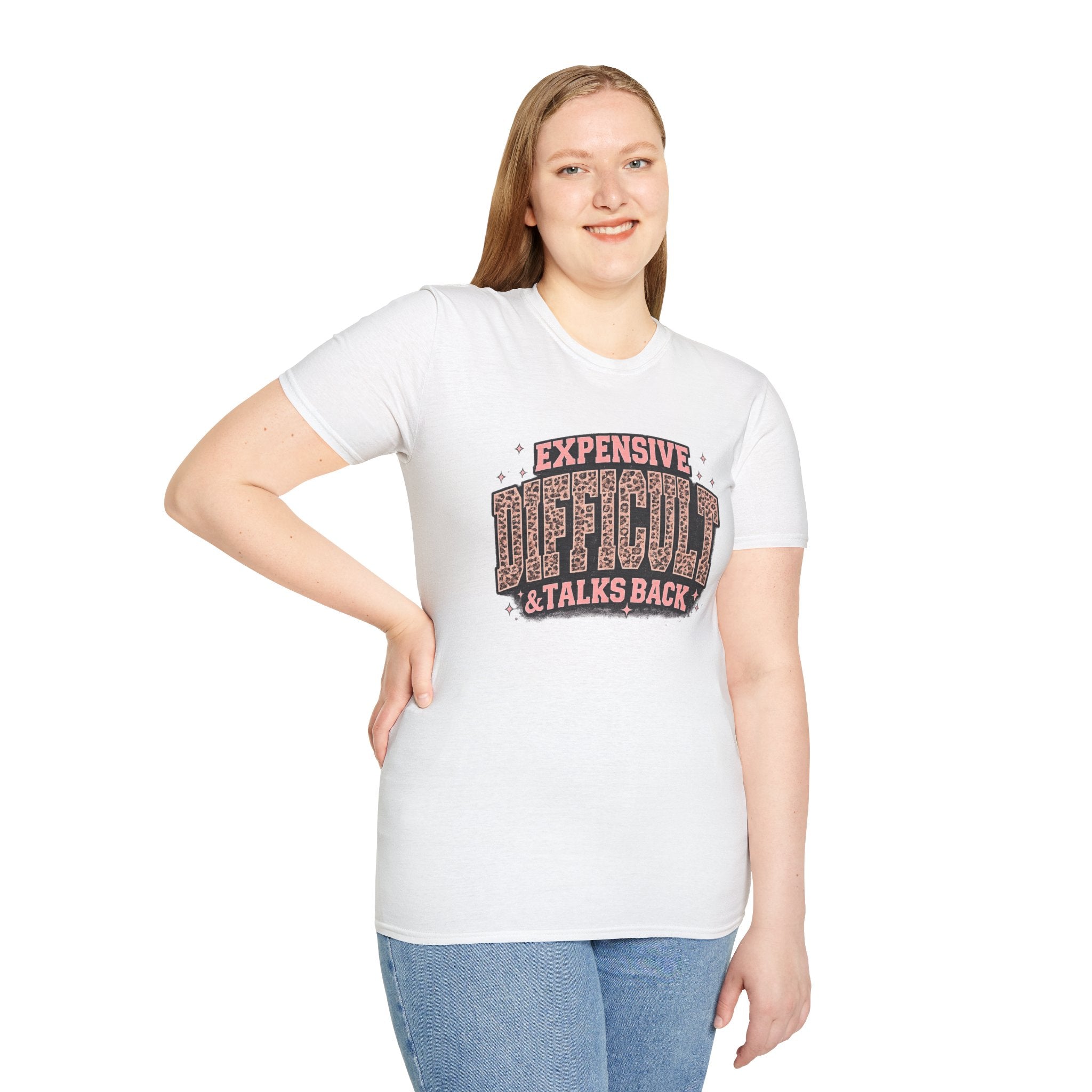 Difficult Talks Back Leopard Graphic T-Shirt — "Expensive Difficult" Feminine Attitude Tee