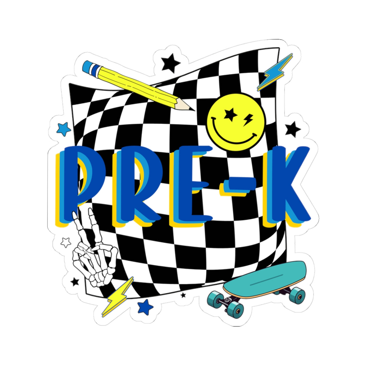 PRE-K Skateboard Sticker — Cute Checkered Smile Kids School Decal