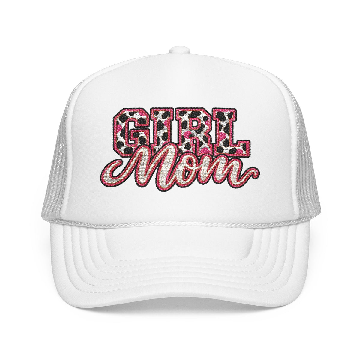 Girl Mom Leopard Foam Trucker Hat — Pink Glitter Script Mesh Cap