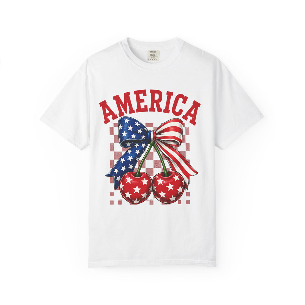 America Cherry Graphic T-Shirt — Patriotic Stars & Stripes Bow Tee