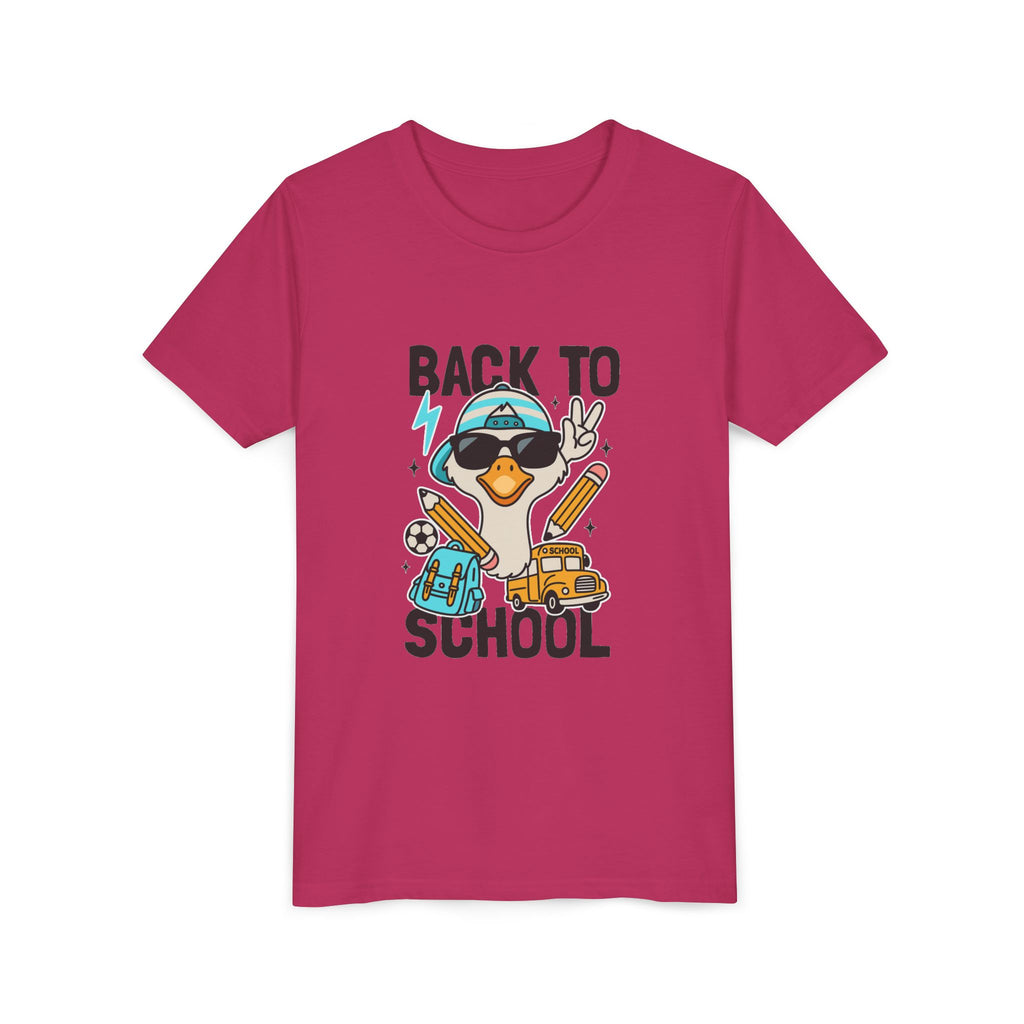 Back to School Duck Youth Tee — Cute Kids School Shirt with Backpack, Bus & Pencil Design