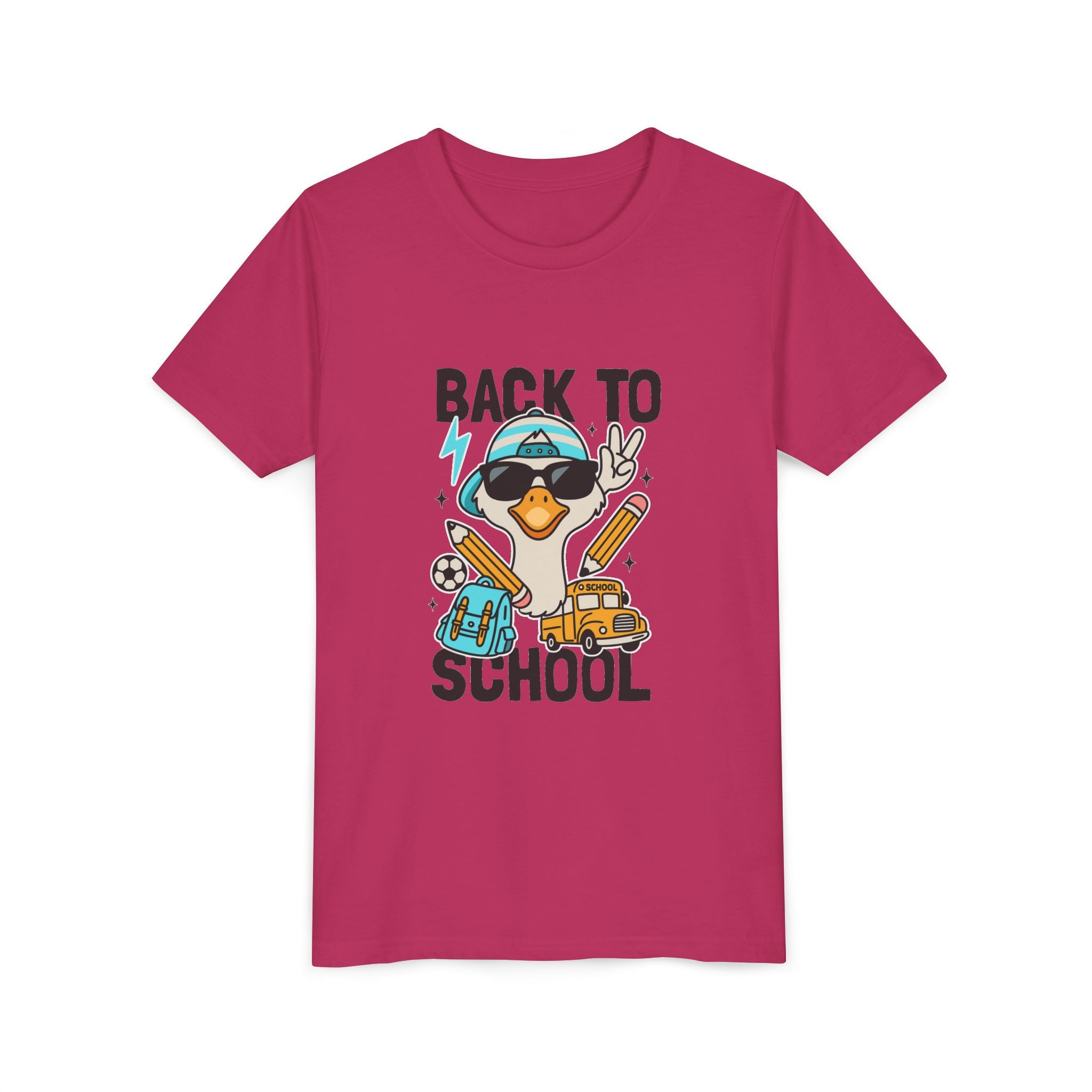 Back to School Duck Youth Tee — Cute Kids School Shirt with Backpack, Bus & Pencil Design