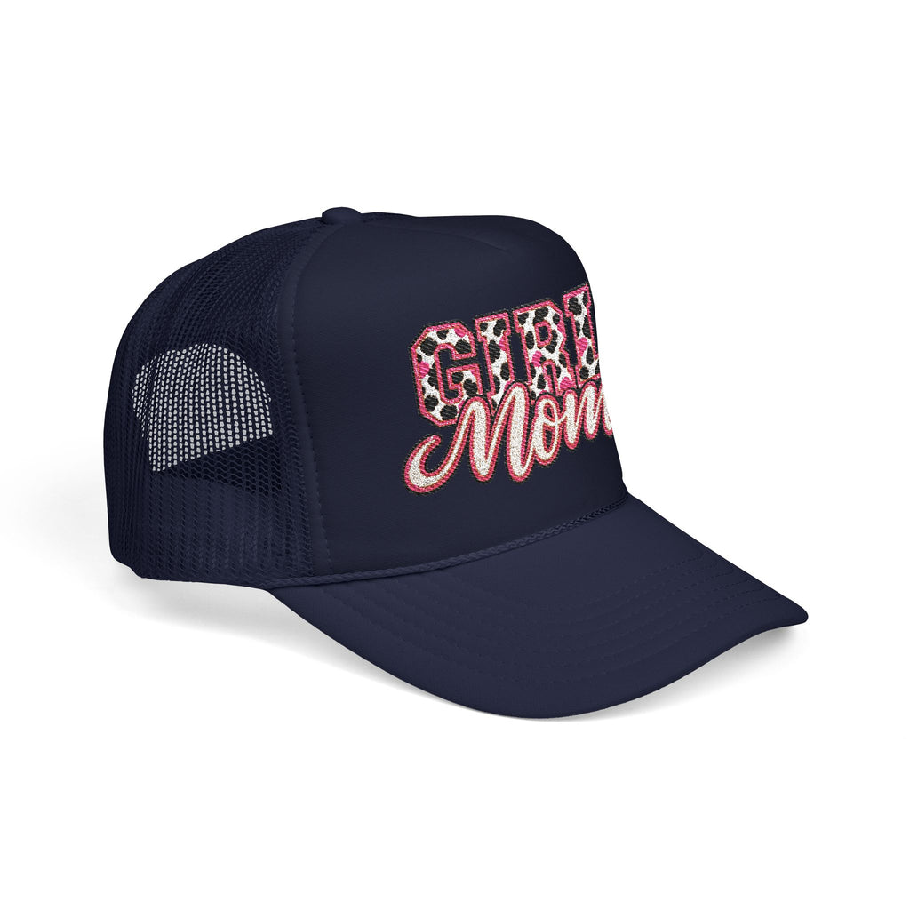 Girl Mom Leopard Foam Trucker Hat — Pink Glitter Script Mesh Cap
