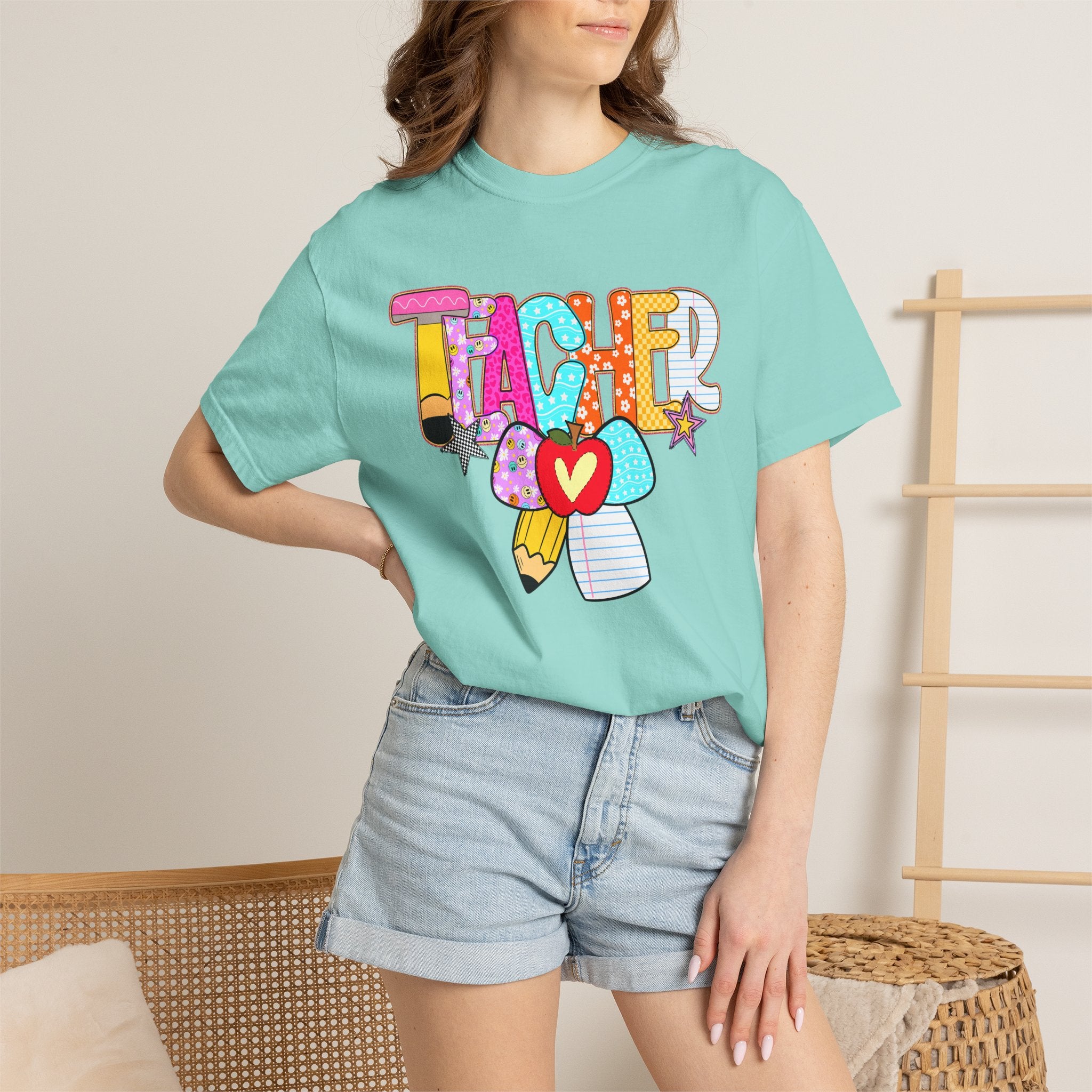 Teacher Doodle Graphic T‑Shirt — Colorful Pencil & Apple School Design