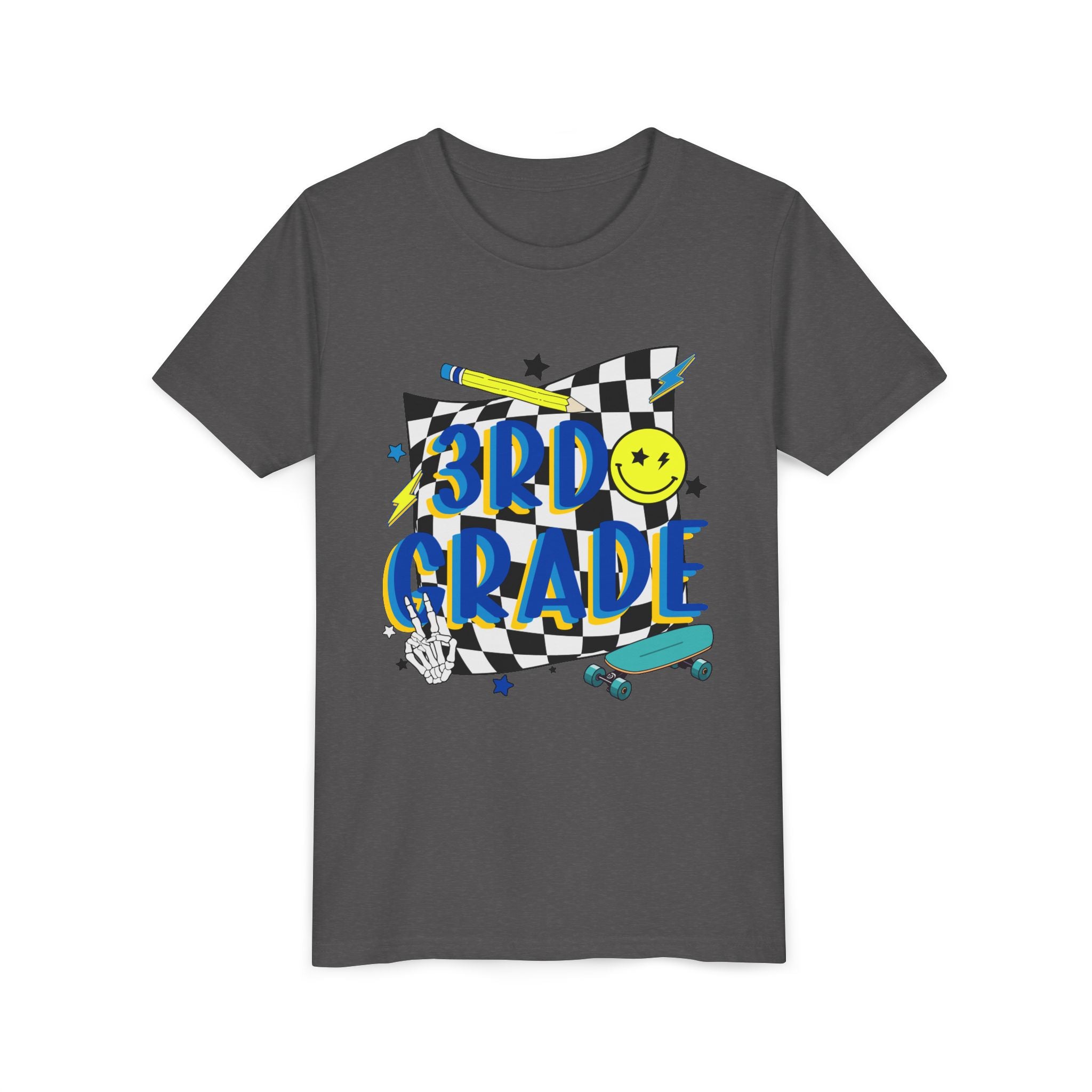 3rd Grade Youth Tee - Back-to-School Smiley Skateboard Design