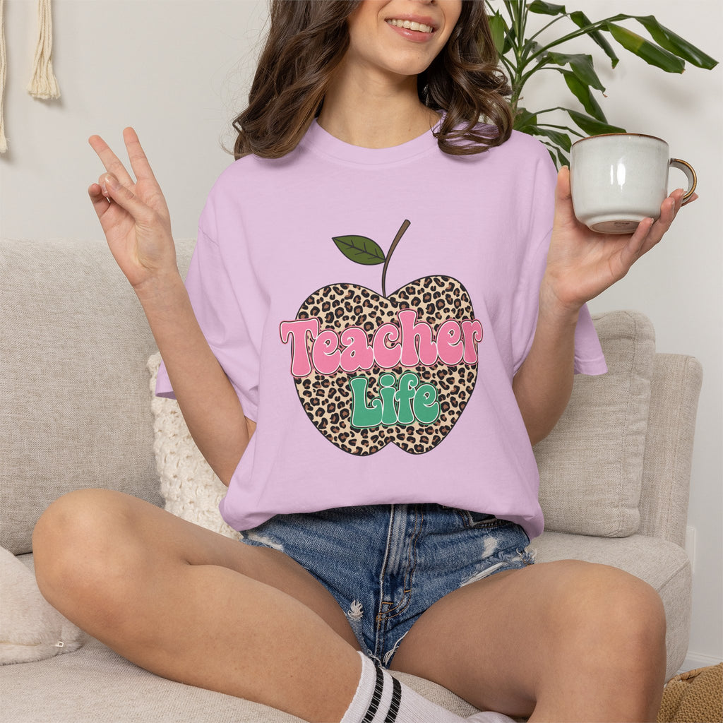 Teacher Life T-Shirt — Leopard Apple Graphic Tee for Educators