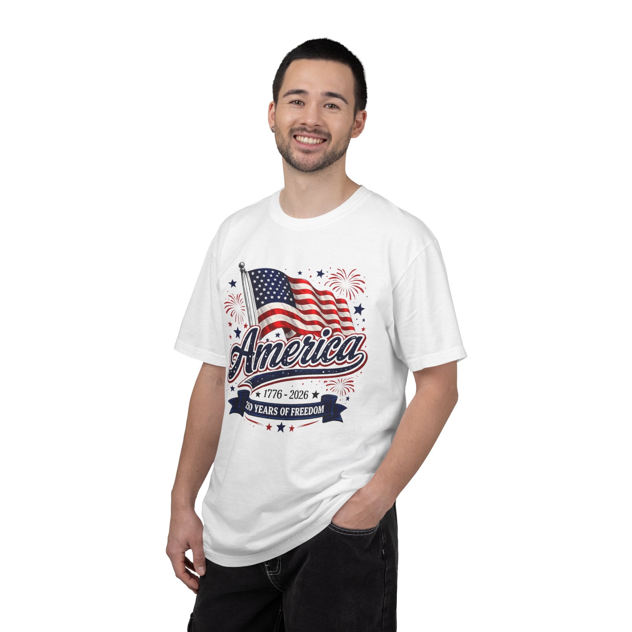 America 250th Anniversary T-Shirt — "America" Flag & Fireworks 1776–2026