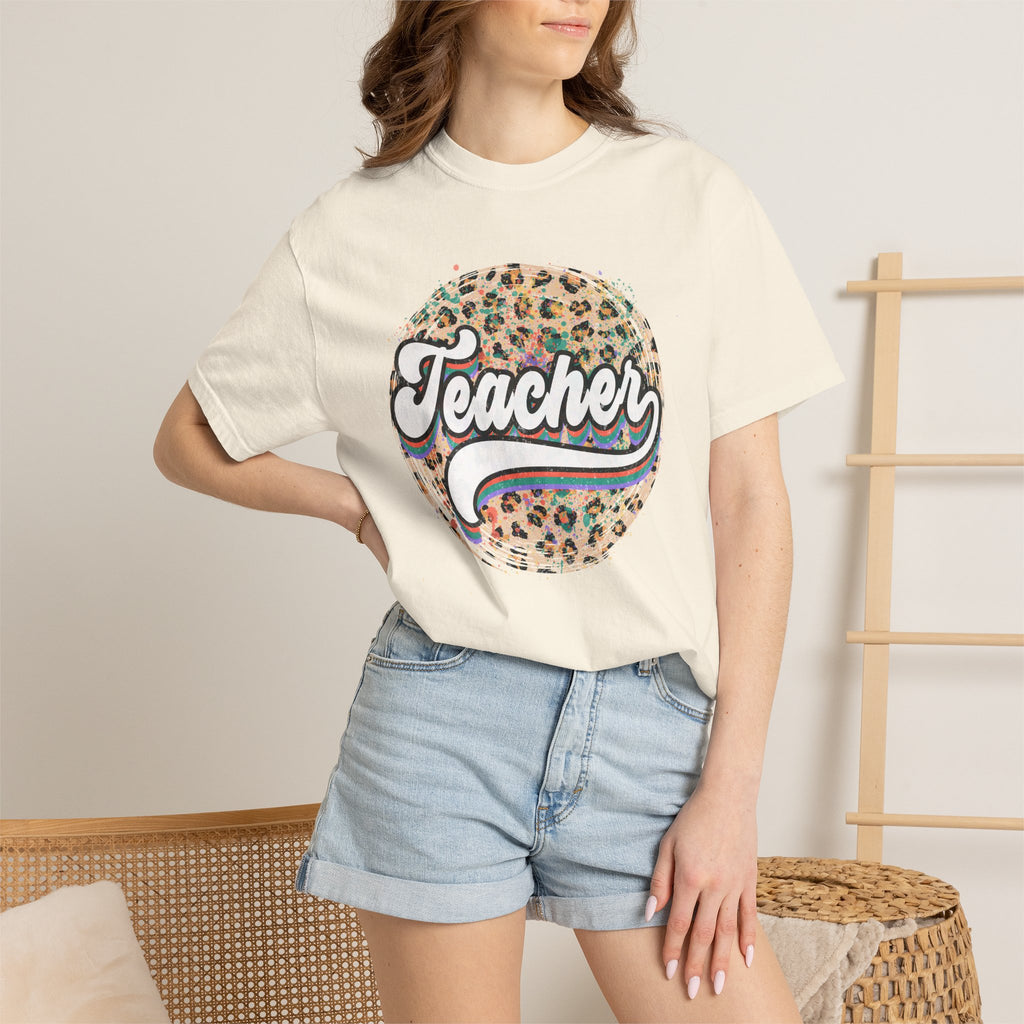 Teacher Leopard Circle T-Shirt — Retro Rainbow Script Tee for Educators