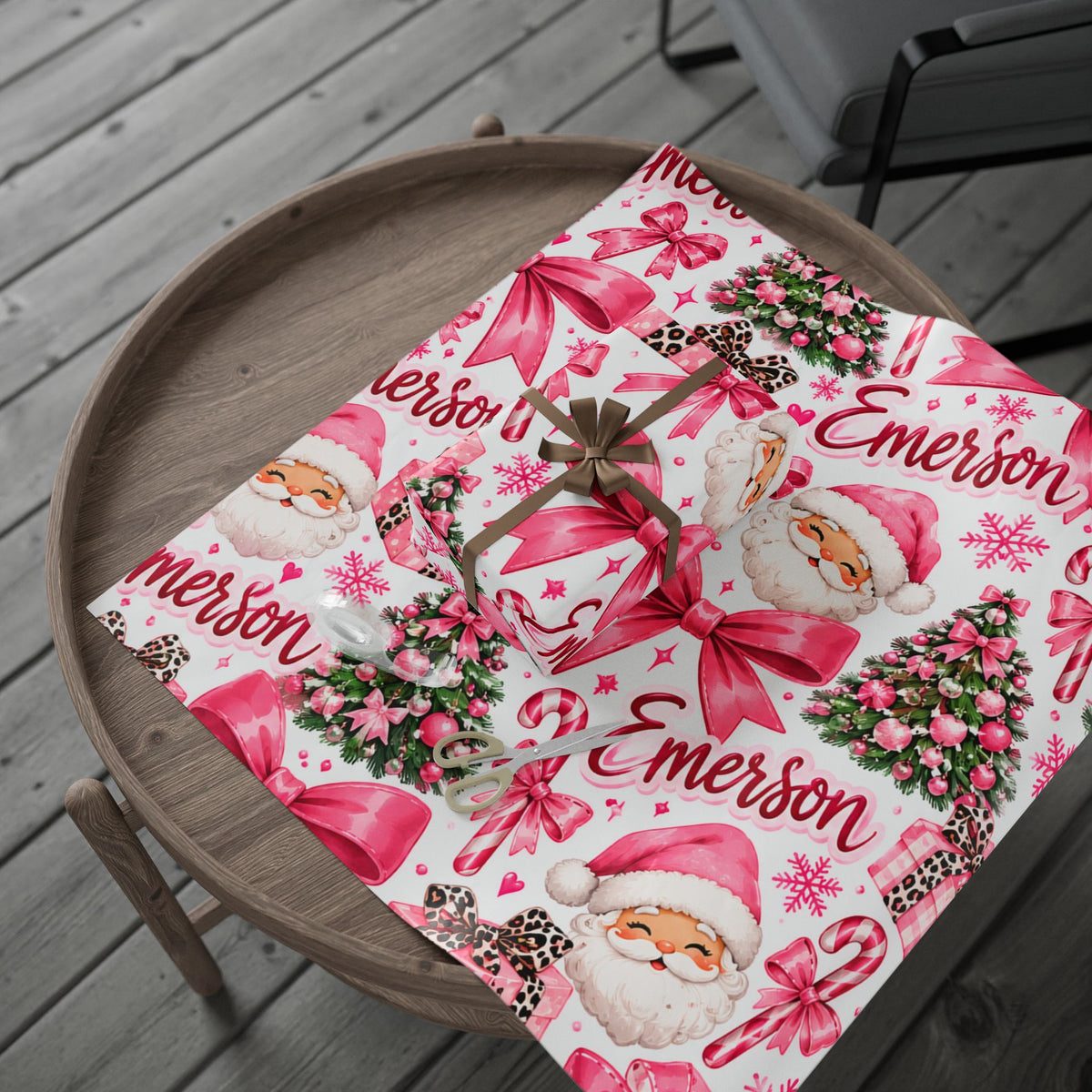 Personalized Christmas Wrapping Paper with Santa, Trees & Bows