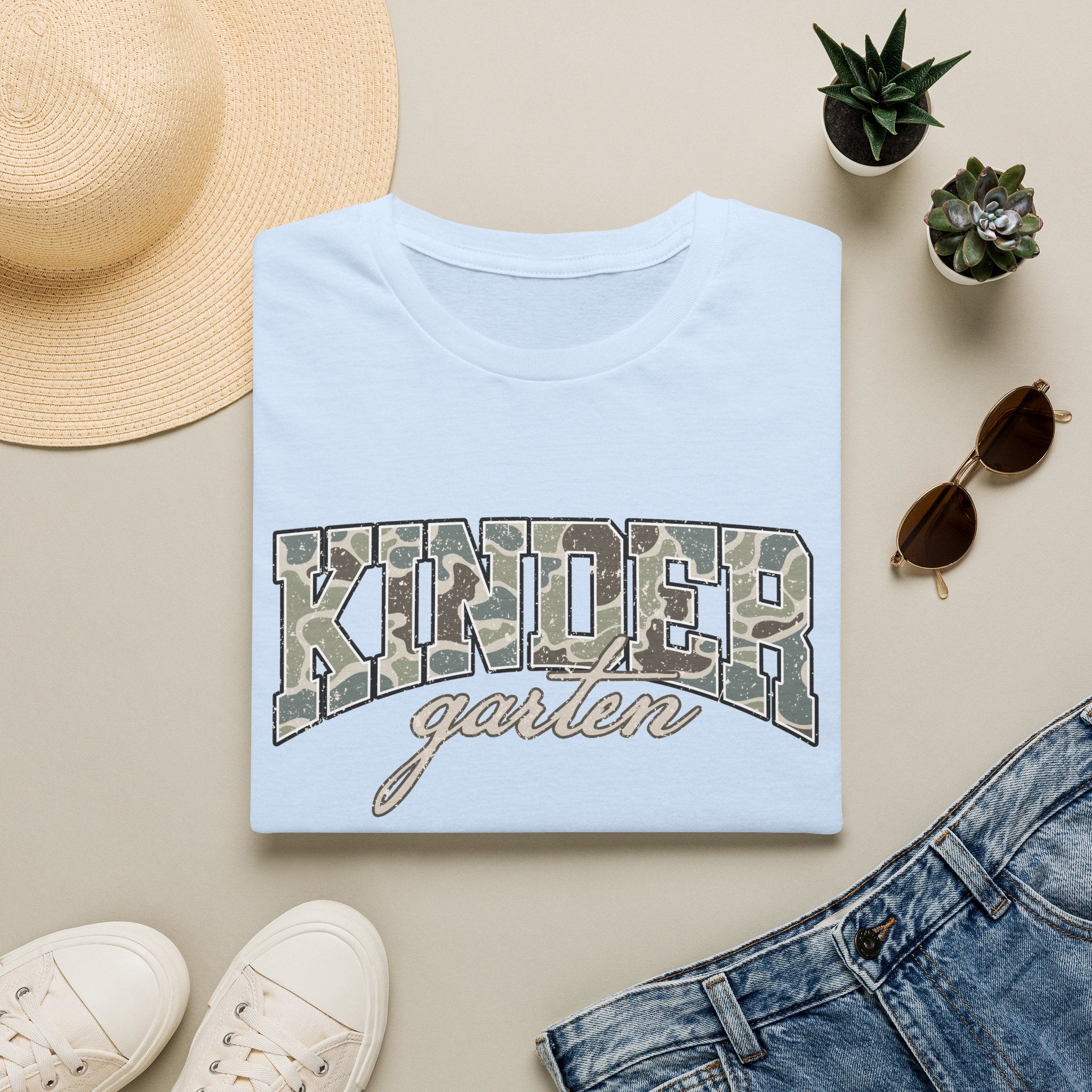 Kindergarten Camo T-Shirt — 'Kindergarten' Script & Camo Block Design