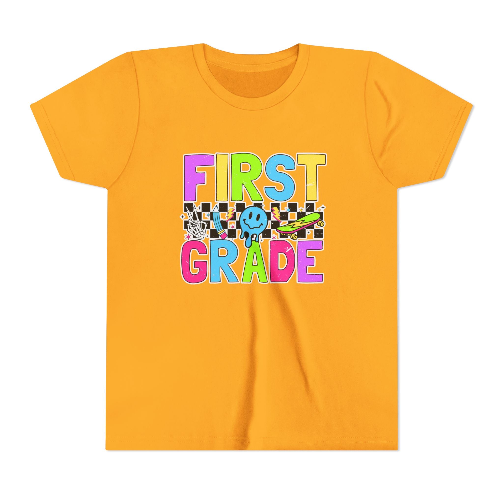 First Grade Youth T‑Shirt — Colorful Checkerboard Smile Back‑to‑School Tee