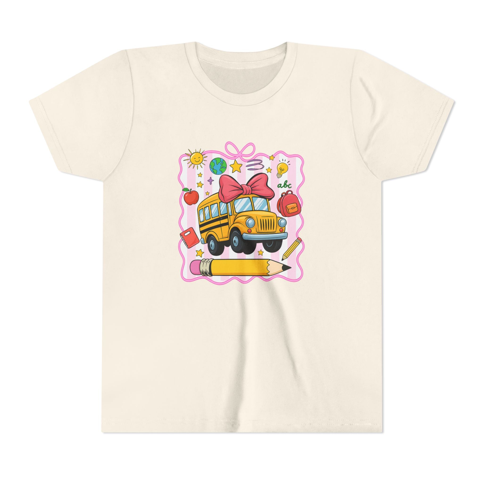 Youth Tee — Cute School Bus Back to School Kids Shirt (Pencil, Apple, Sun)