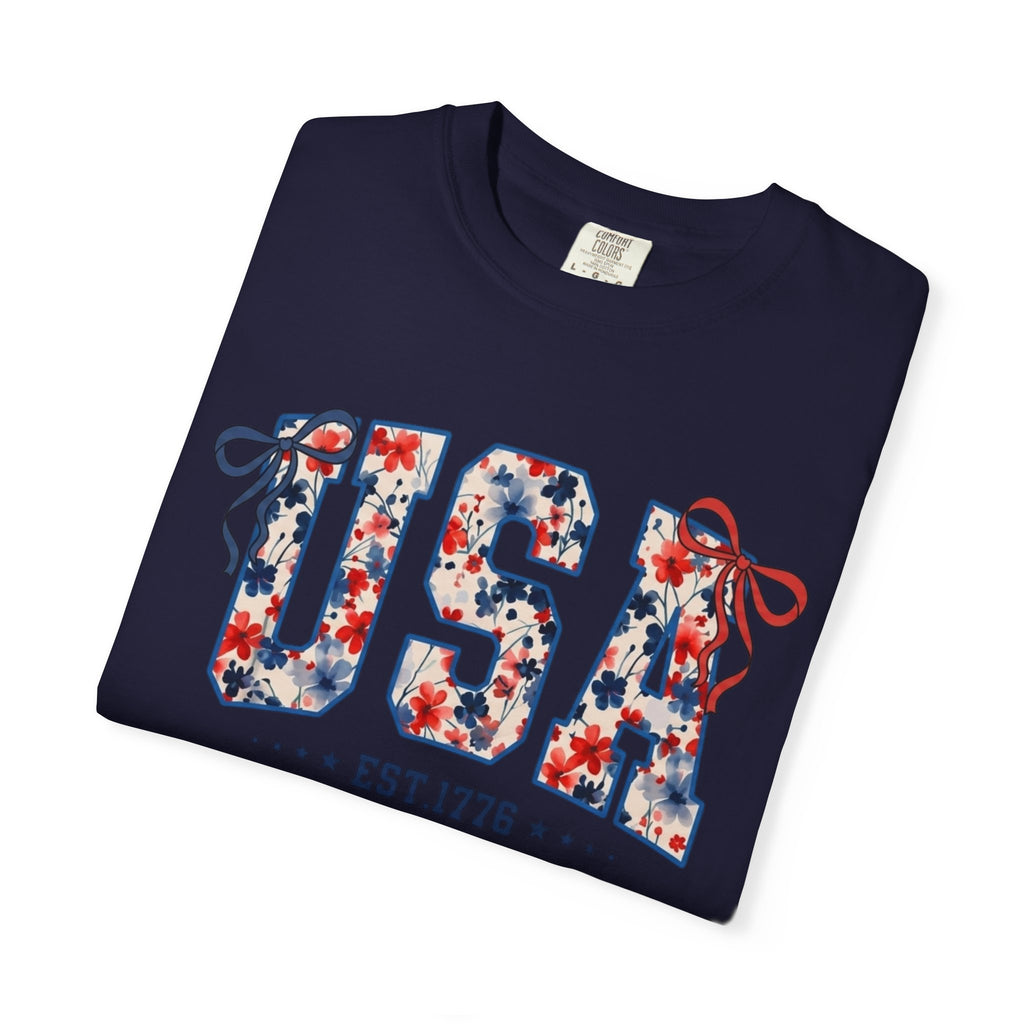 USA Floral Graphic T-Shirt — EST.1776 Patriotic Fourth of July Tee