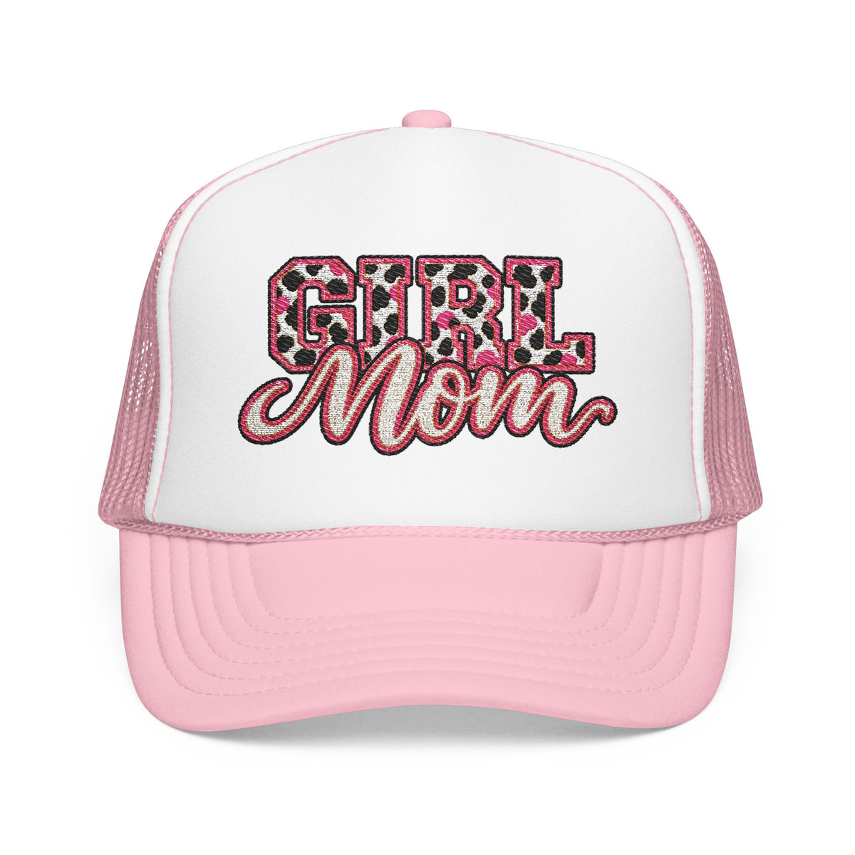 Girl Mom Leopard Foam Trucker Hat — Pink Glitter Script Mesh Cap