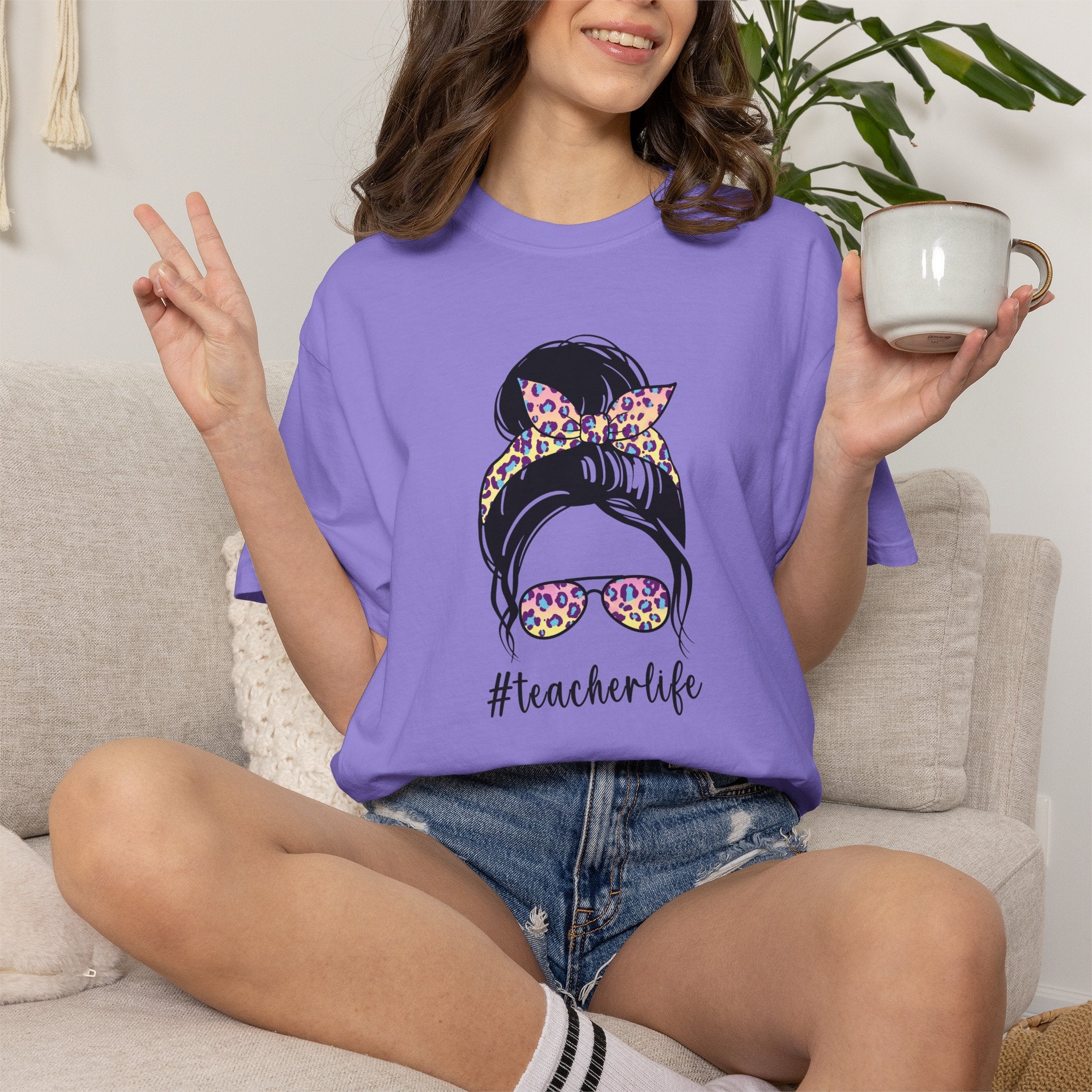 Teacher Life Floral Messy Bun T-Shirt