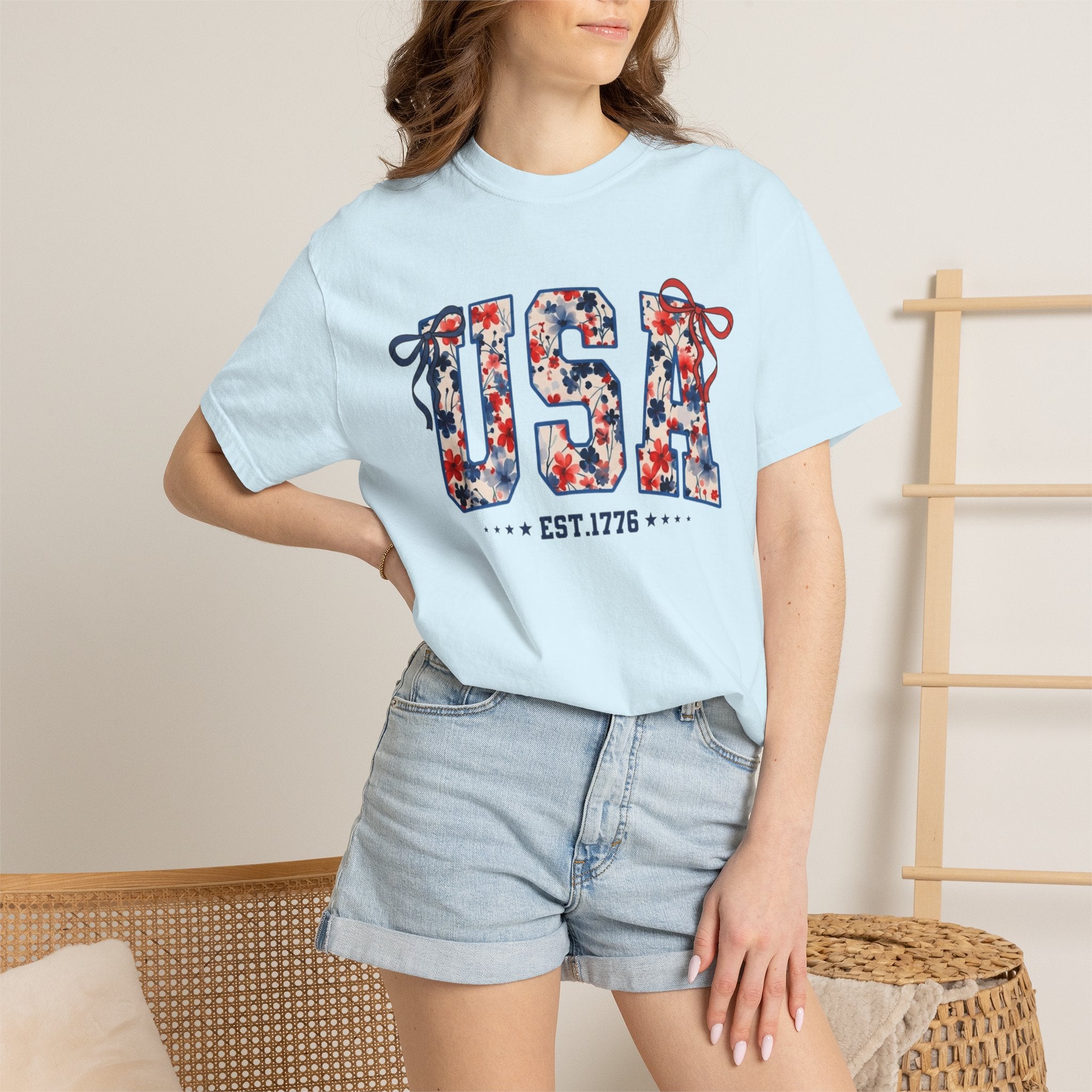 USA Floral Graphic T-Shirt — EST.1776 Patriotic Fourth of July Tee