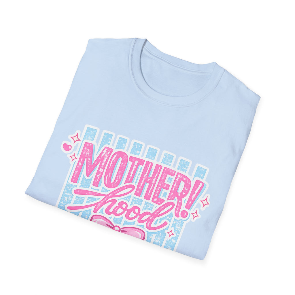 Motherhood Retro Tee — "Mother!hood" Pink & Blue Graphic T-Shirt for New Moms