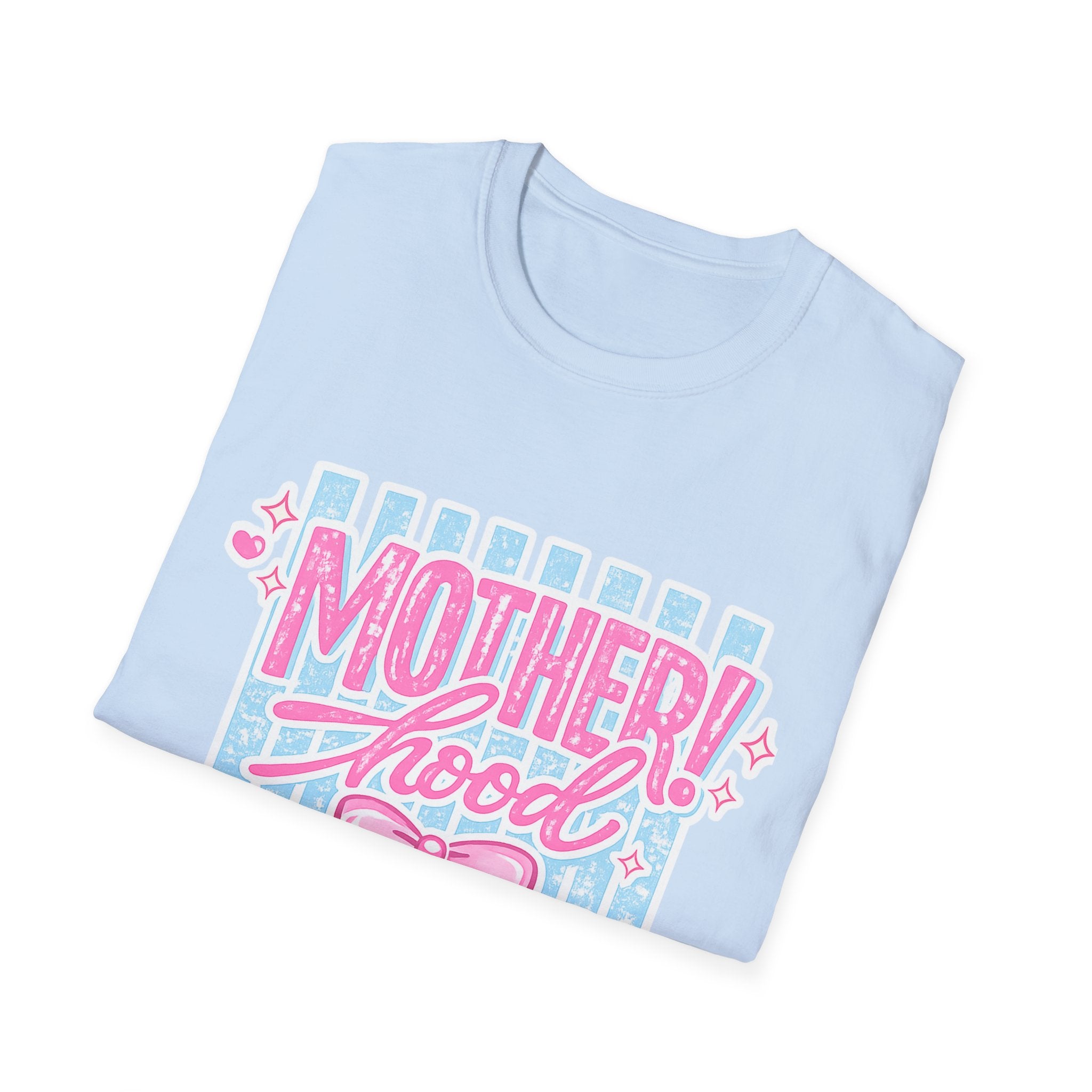 Motherhood Retro Tee — "Mother!hood" Pink & Blue Graphic T-Shirt for New Moms