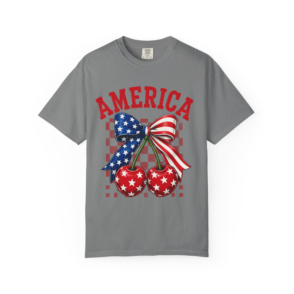 America Cherry Graphic T-Shirt — Patriotic Stars & Stripes Bow Tee