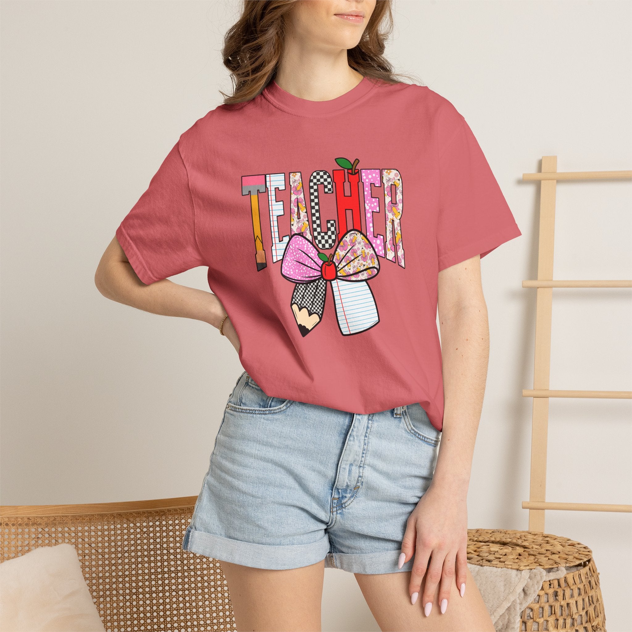 Teacher Graphic T-Shirt — Colorful Pencil & Bow Design