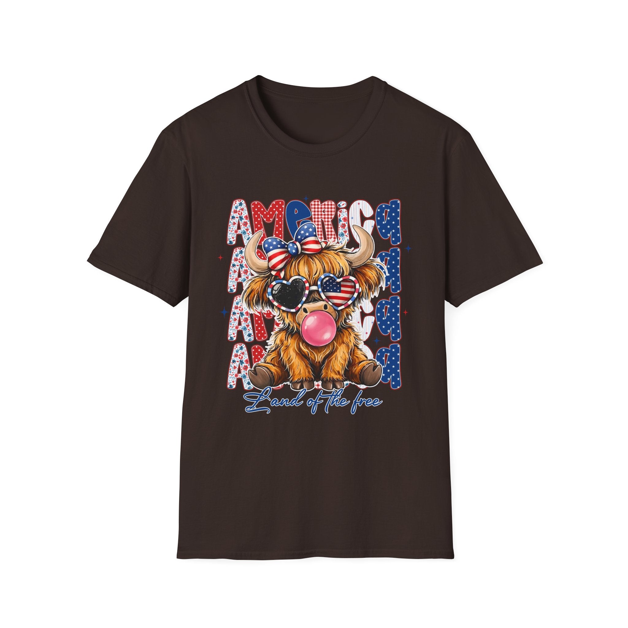 Patriotic Highland Cow T-Shirt — 'Land of the Free' 4th of July Tee