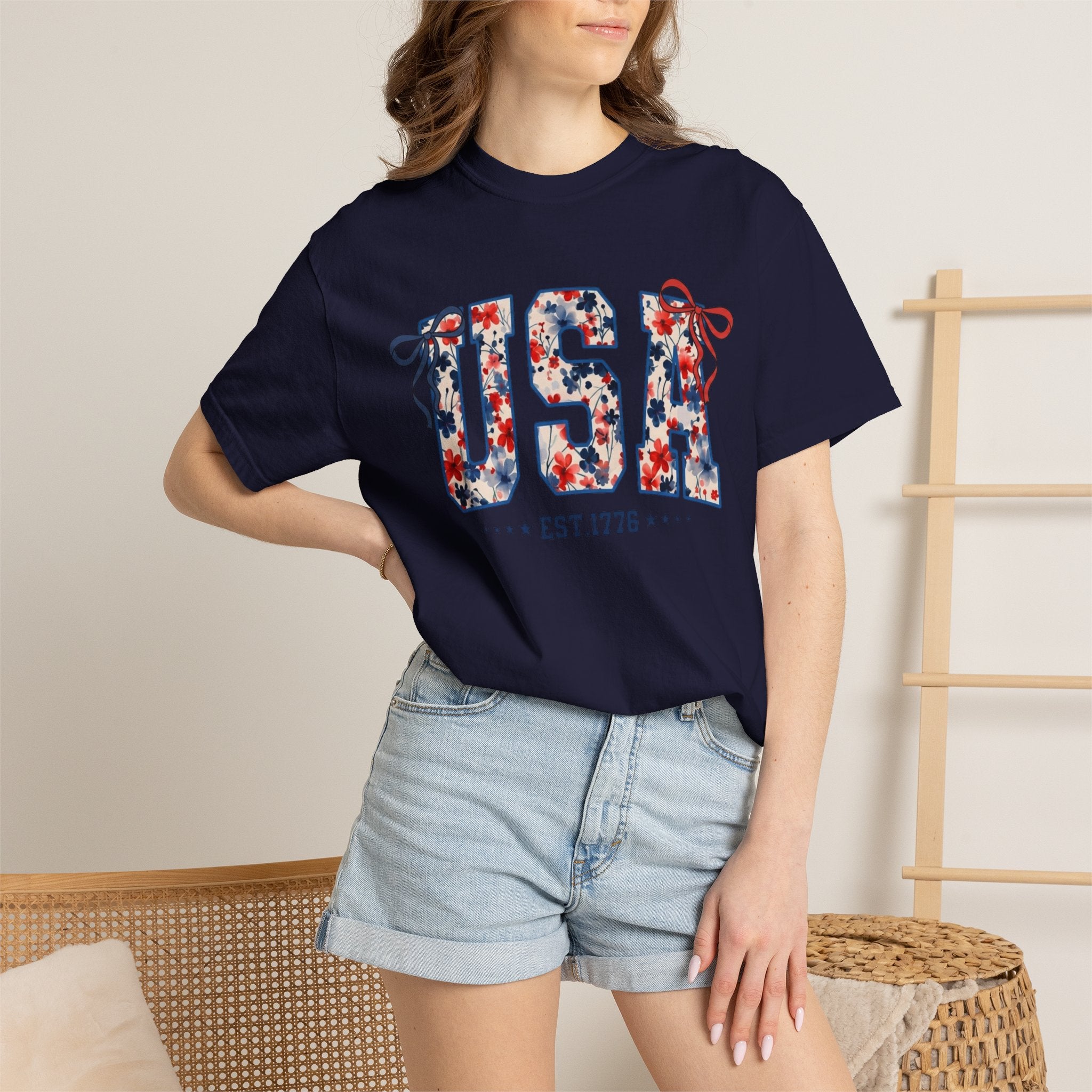 USA Floral Graphic T-Shirt — EST.1776 Patriotic Fourth of July Tee