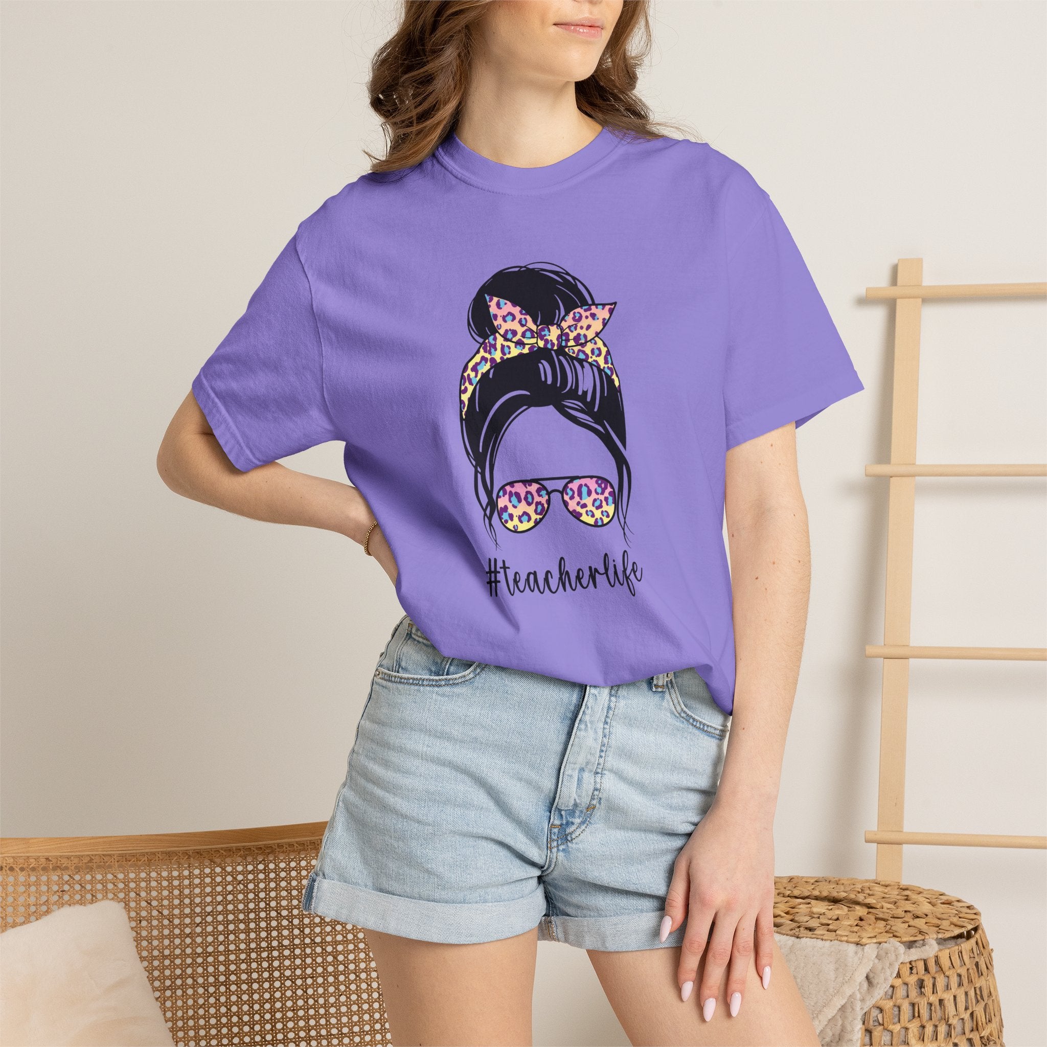 Teacher Life Floral Messy Bun T-Shirt