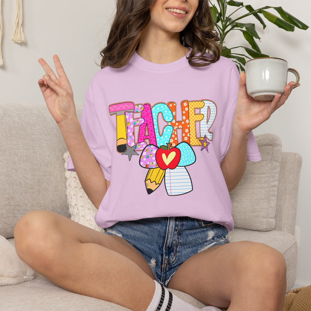 Teacher Doodle Graphic T‑Shirt — Colorful Pencil & Apple School Design