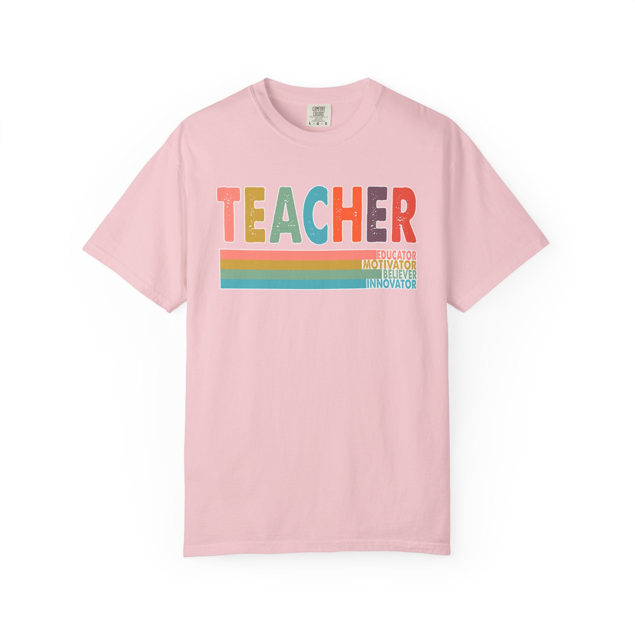 Teacher Rainbow Stripes T-Shirt — Retro Colorful Educator Tee