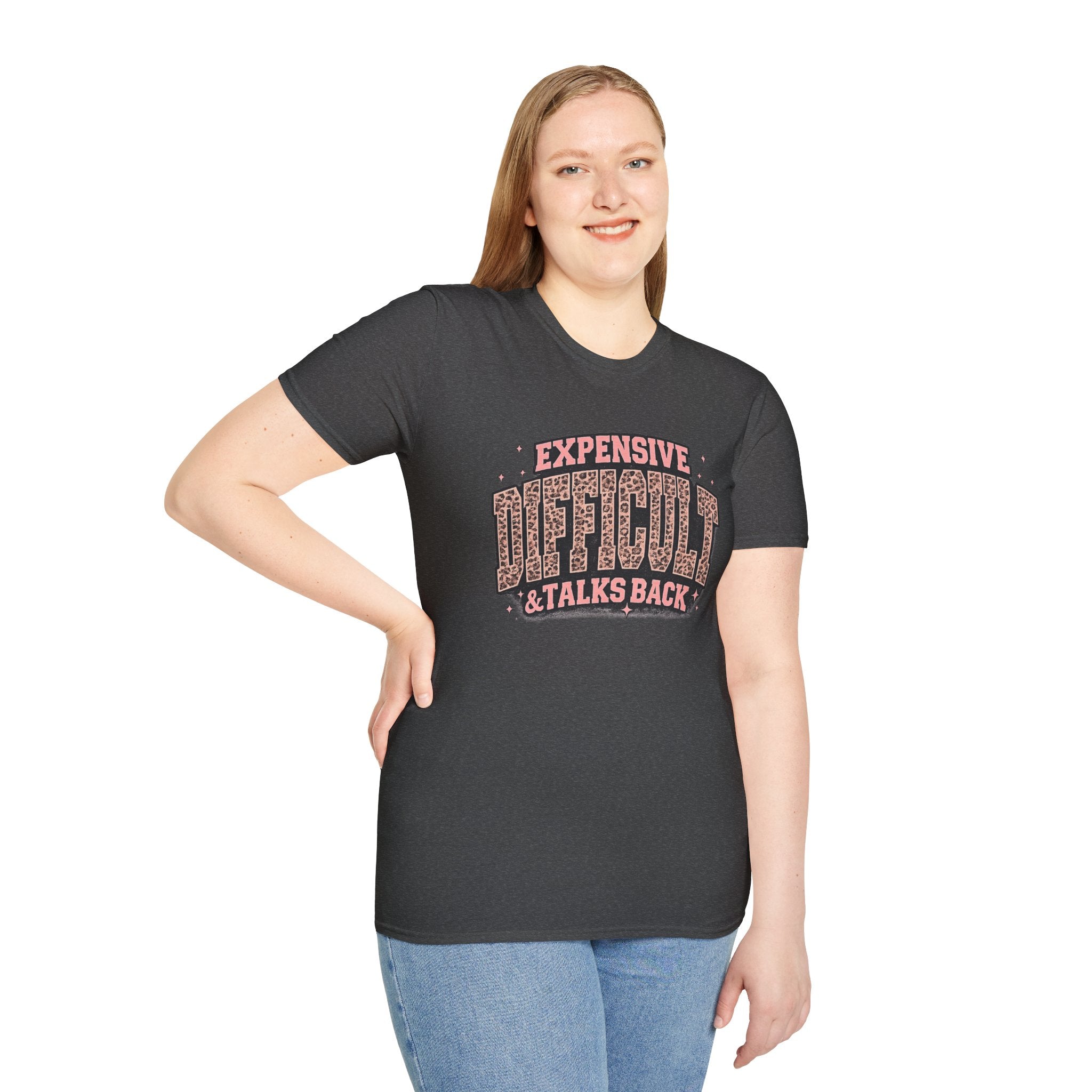 Difficult Talks Back Leopard Graphic T-Shirt — "Expensive Difficult" Feminine Attitude Tee