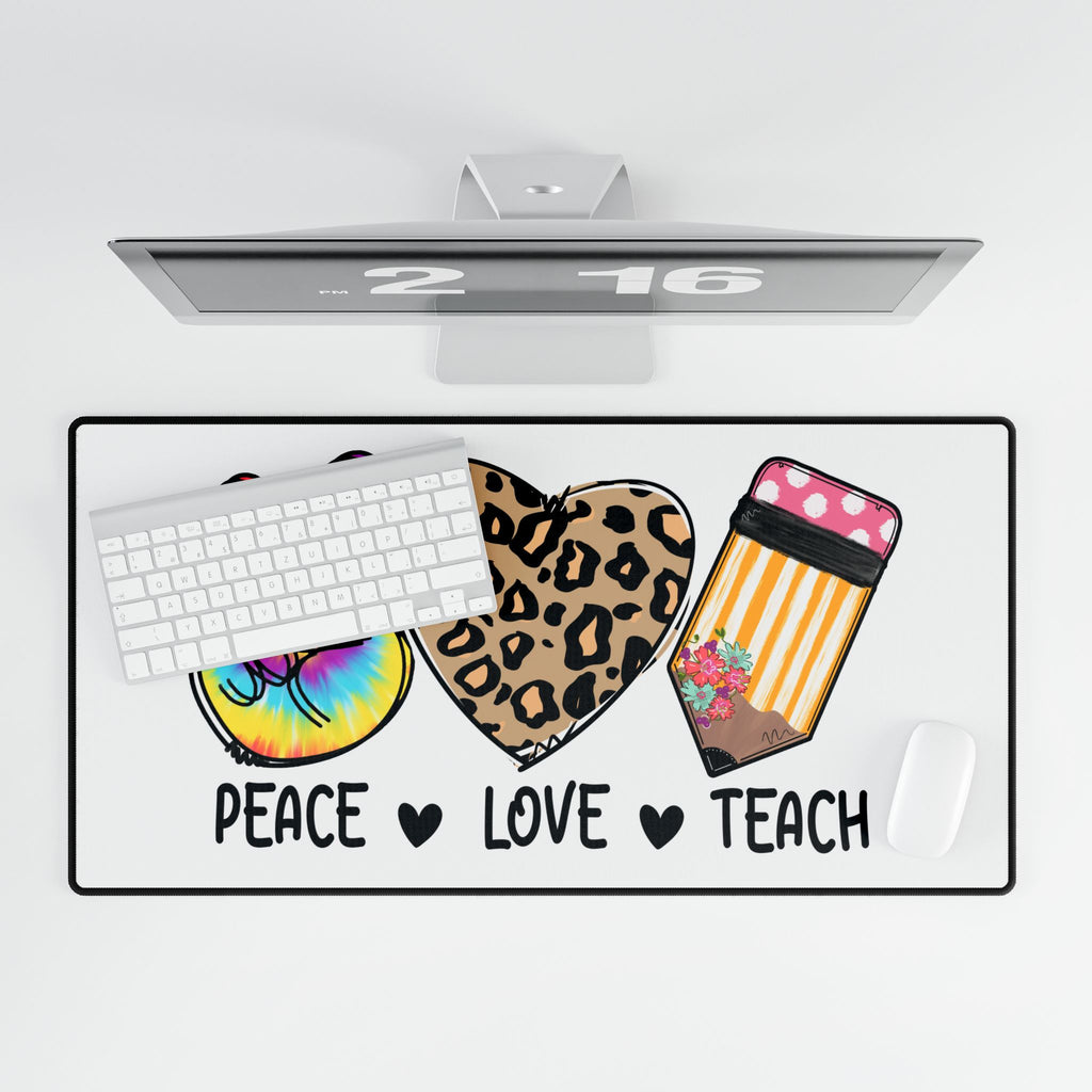 Peace Love Teach Desk Mat — Teacher Desk Pad with Tie-Dye Peace Sign, Leopard Heart & Pencil Design