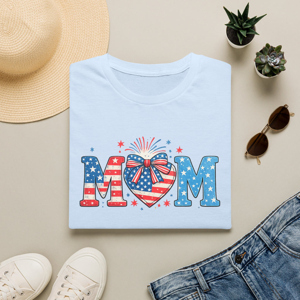 Patriotic MOM T-Shirt — Stars & Stripes Heart Design (Fourth of July / Mother's Day)