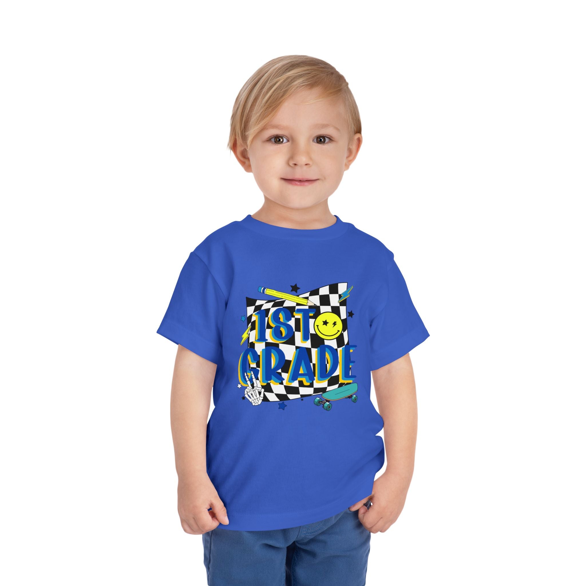 1st Grade Toddler Tee - Back-to-School Smile Skateboard Design