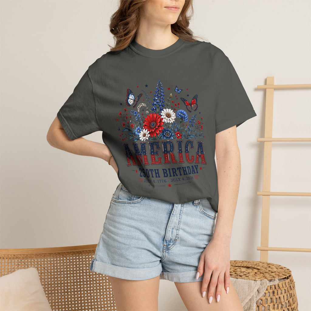 America 250th Birthday T-Shirt — Patriotic Floral July 4th Tee