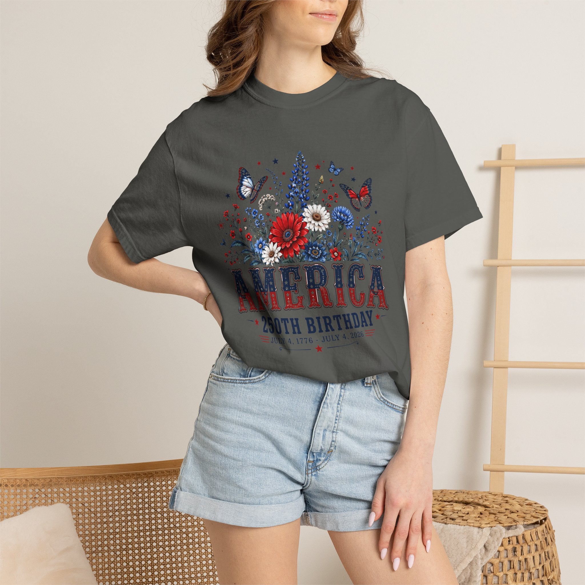 America 250th Birthday T-Shirt — Patriotic Floral July 4th Tee
