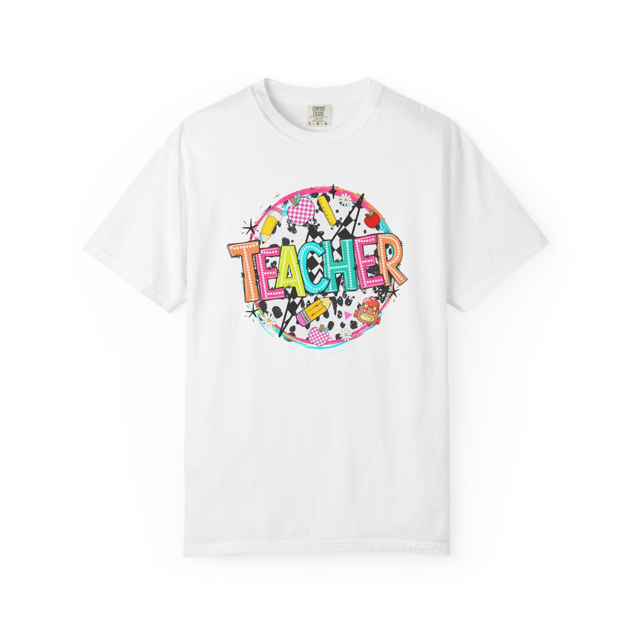 Teacher Graphic T-Shirt — Colorful School Supplies Design