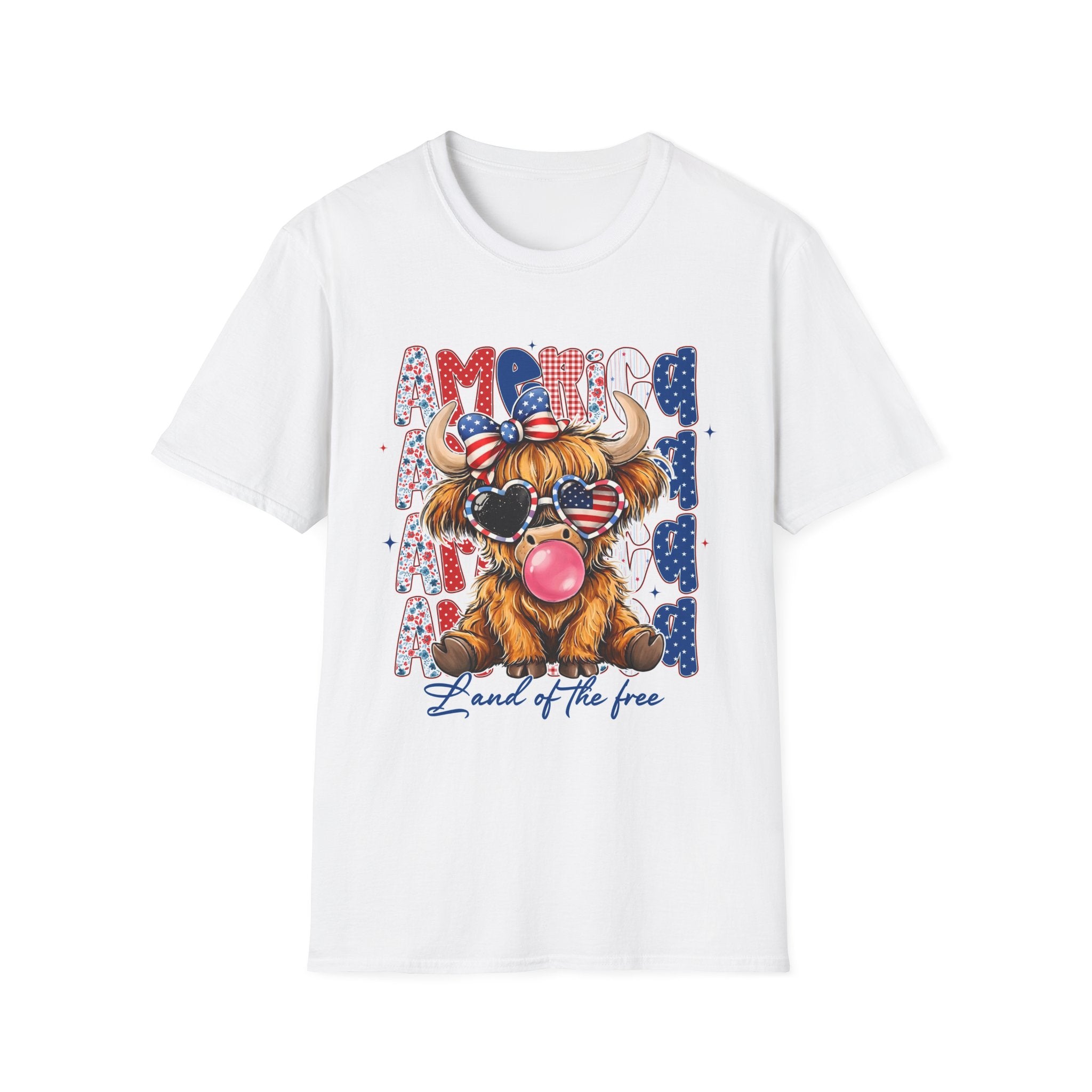 Patriotic Highland Cow T-Shirt — 'Land of the Free' 4th of July Tee