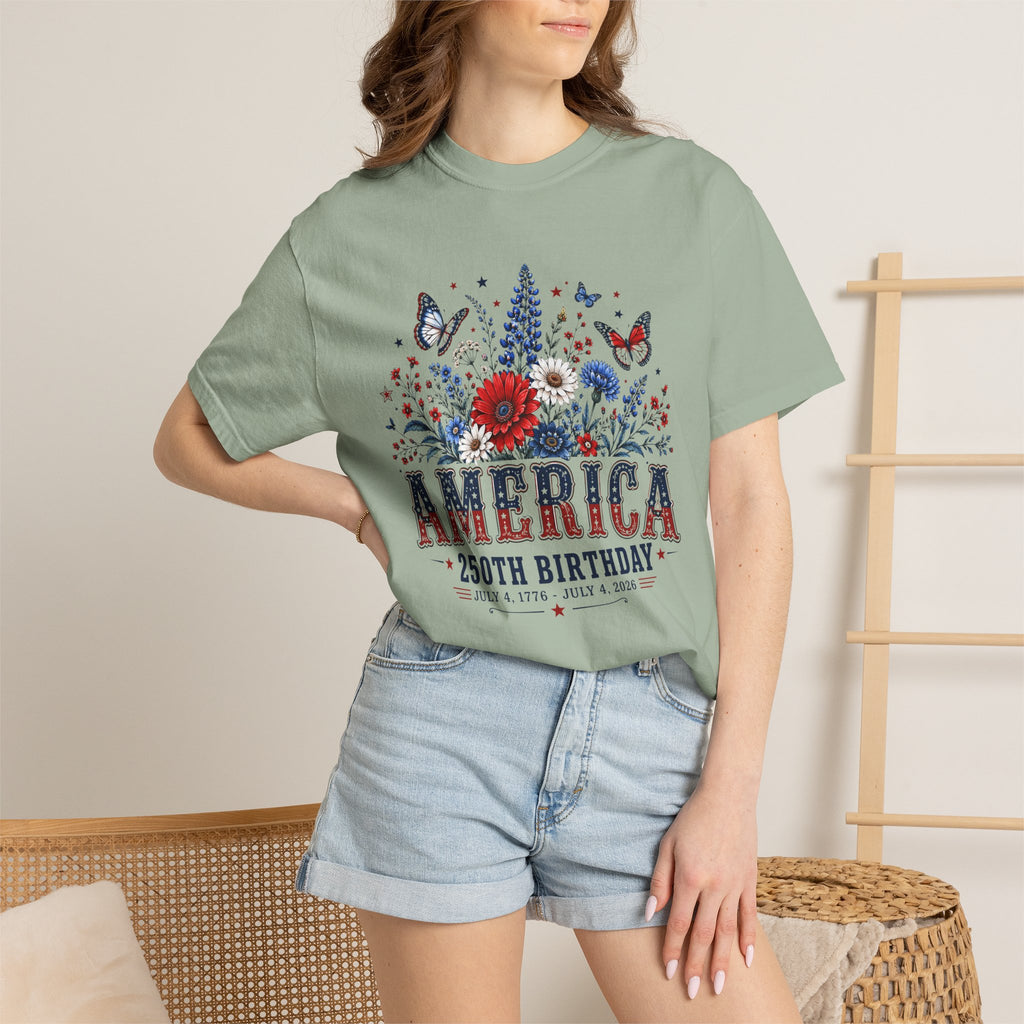America 250th Birthday T-Shirt — Patriotic Floral July 4th Tee